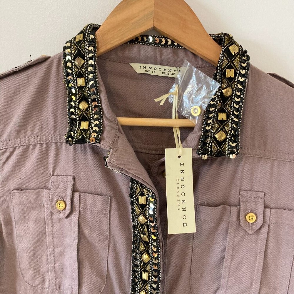 BNWT Innocence Clothing Women Dark Beige Embellished Border long Sleeve Jacket - Picture 12 of 12